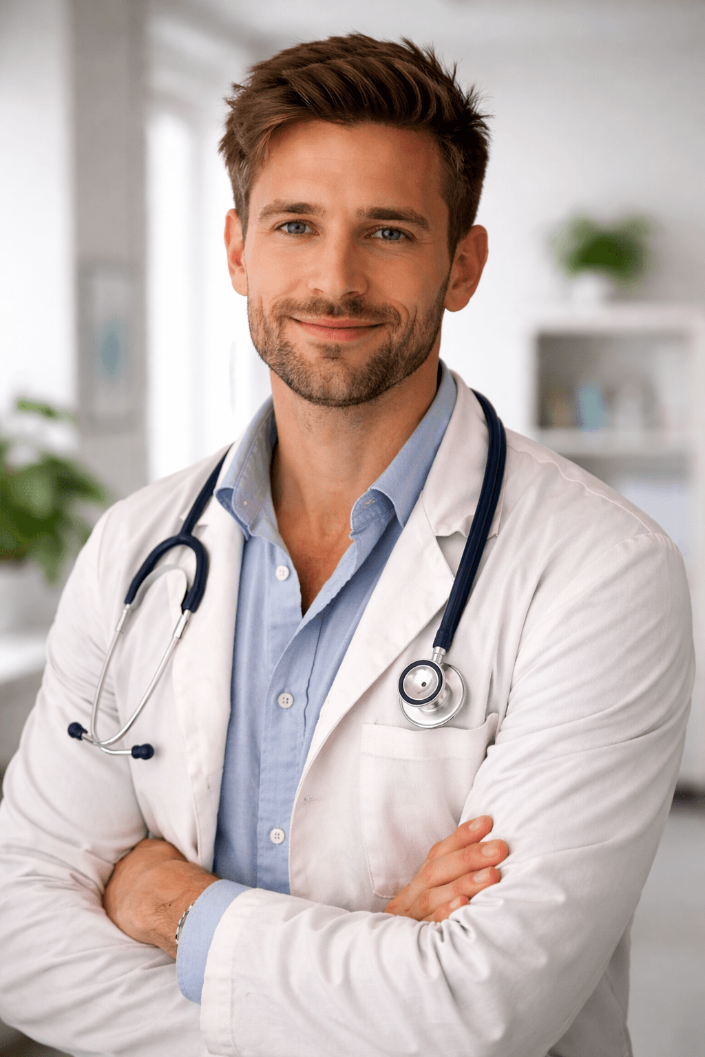 Smiling male doctor wearing a white lab coat and stethoscope, posing with arms crossed.